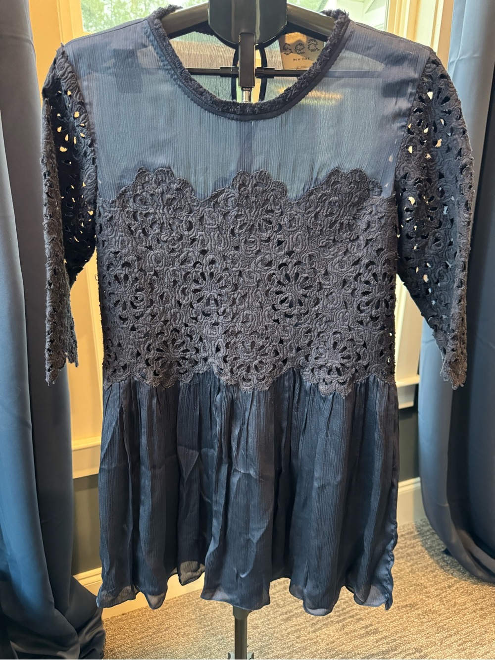 Sea New York Silk Crochet Lace Chiffon Babydoll Dress Size 6 Dark Blue